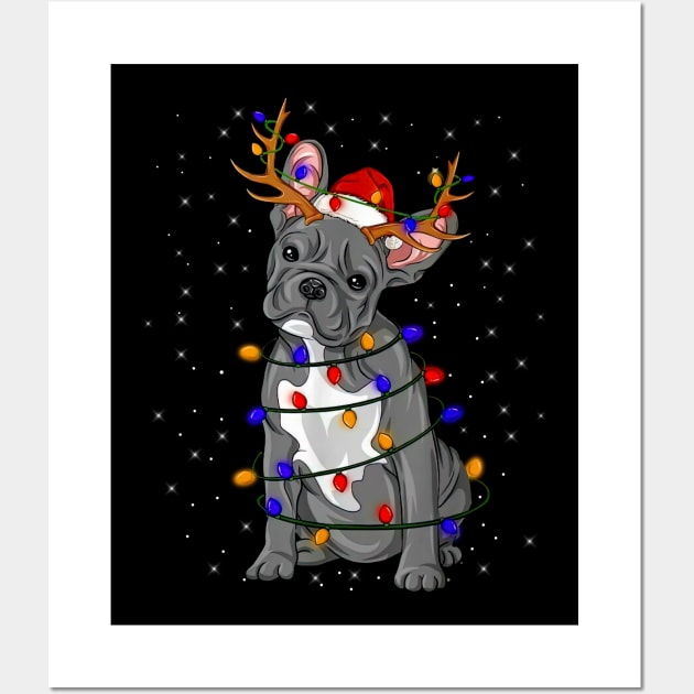 French Bulldog Reindeer Xmas Color Lights Merry Christmas Wall Art by cogemma.art